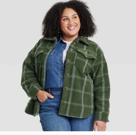 Ava & Viv Jackets & Blazers - Ava & Viv Women's Front Button-Down Shacket Green Plaid
